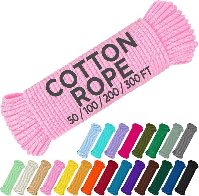 TECEUM Cotton Rope 3/16” (5 mm) – 100 FT – Strong All-Purpose Braided Rope – Natural Cotton – for Crafting, Сamping, Clothes Line, DIY, Indoor & Outdoor Use – Pink