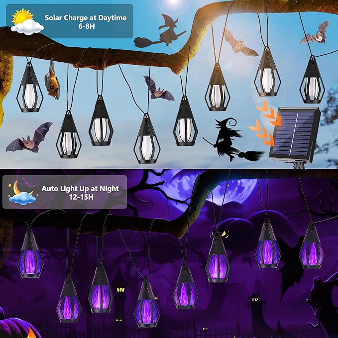 Solar String Lights for Outside, 33Ft Solar Patio Lights with 15 Flickering Flame Light Bulbs, Waterproof Purple Solar Powered Outdoor Lights for Garden Yard Patio Gazebo Bistro Cafe Porch Party Decor