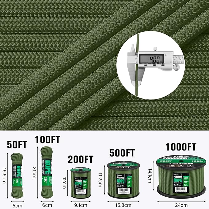 Paracord Rope 550 lb - 1000ft / 500ft / 200ft / 100ft 5/32" Parachute Cord 4MM 7-Strand para Cord - Heavy Duty Spool String for Survival,Camping Gear, Survival Bracelet, Clothesline