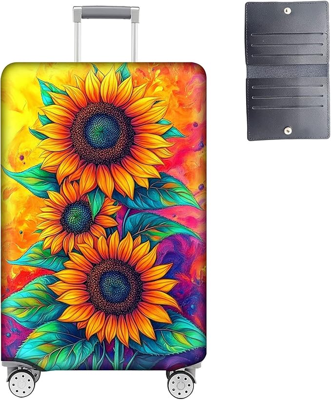 Luggage Cover Protector for 22-24 Inch Suitcases, TSA Approved Elastic Travel Suitcase Covers, Anti-Scratch Washable Luggage Sleeve for Carry On & Checked Bags, Three Sunflowers