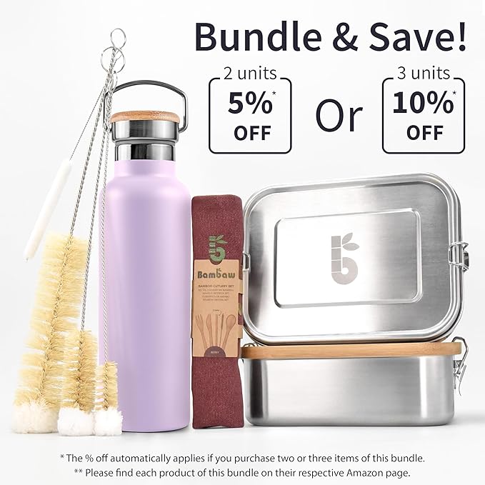 Bambaw Insulated Water Bottle 32 oz, Leak-Proof Water Bottle Stainless Steel, Keeps Drinks Cold for 24h Cold and Hot for 12h, With a Wide Mouth for Easy Cleaning & To Fit a Tea Infuser (Lavender Haze)