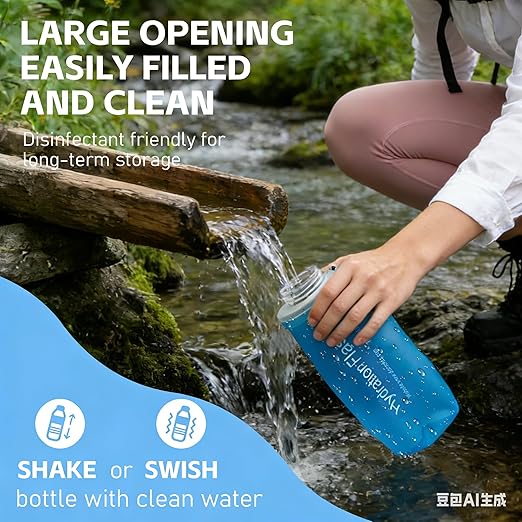 AXEN Collapsible Water Bottle with Filter System, Soft Hydration Flask for Trail Running, Camping, Hiking, Cycling, 500ml Blue