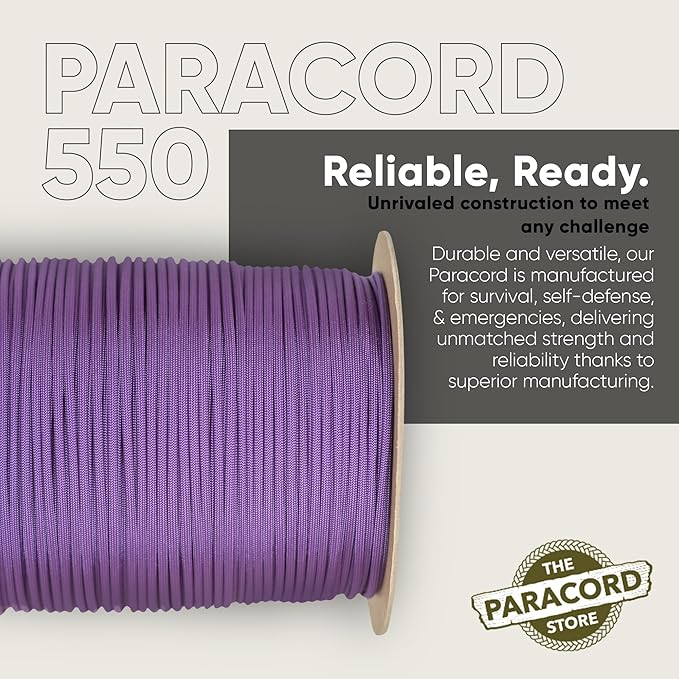 The Paracord Store | Type III 550 Paracord - 250 FT Spool, Purple | Heavy Duty 7 Strand Tactical Paracord - USA Made Nylon Outdoor Parachute Cord for Camping, Fishing & More - Survival Cord