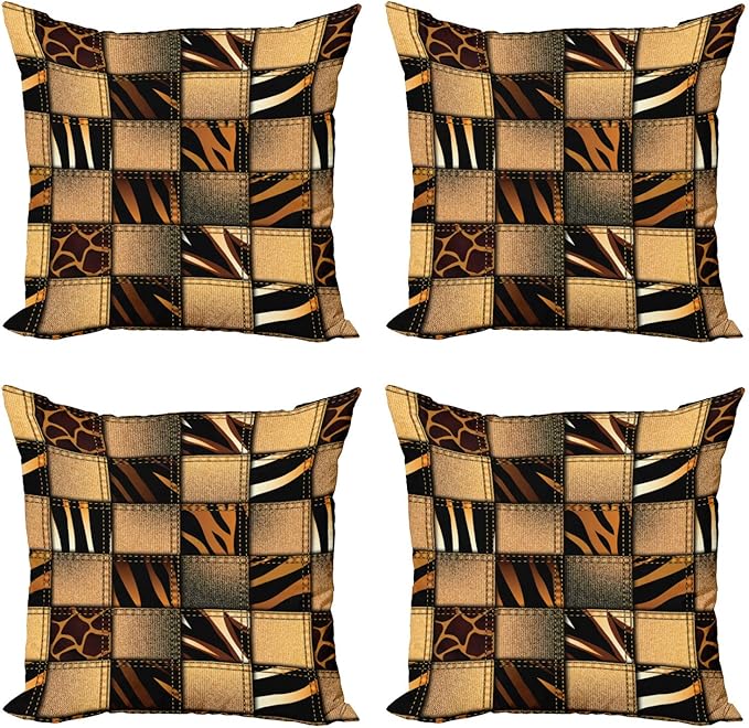 Ambesonne Safari Decorative Throw Pillow Case Pack of 4, Jeans Denim Patchwork in Safari Style Wilderness Design Art Print, Cushion Cover for Couch Living Room Car, 16", Brown Black