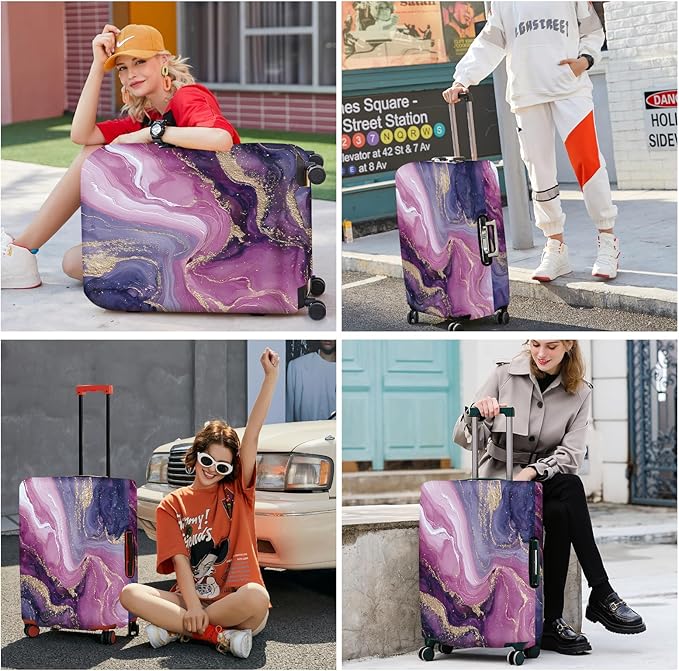 ANNA QUEEN Purple Marble Luggage Cover, Elegant Abstract Art Suitcase Protector, Stretchable Washable Travel Sleeve for 24-26 Inch Luggage