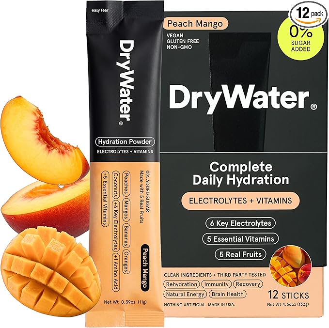 DryWater Electrolyte Powder Packets, Peach Mango - Hydration Packets Drink Mix with Zero Added Sugar for Rehydration & Energy - 6 Key Electrolytes, 5 Essential Vitamins & 5 Real Fruits - 12 Pack