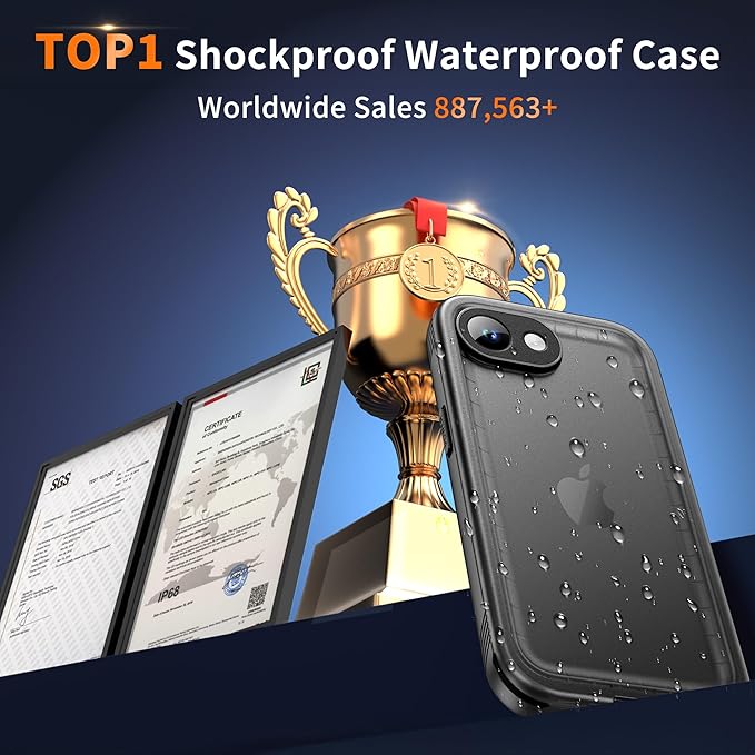 Cozycase TOP Military Protective IP68 Waterproof Case for iPhone 16e/iPhone 17e Heavy Duty 360 Shockproof Full Body with Screen Camera Protector Double Dustproof Hard Tough Front Back Cover Black
