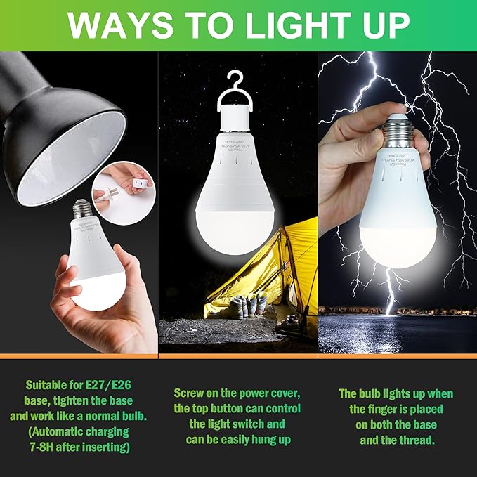 DEBAOBULB 10 Pack Rechargeable Emergency Light Bulbs, Battery Powered LED Light Bulb 6000K Daylight E26 120 Volt 9W 60W Equivalent with 1200mAh for Home Power Outage Camping Hurricane