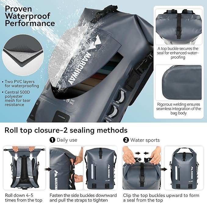 MARCHWAY Roll Top Waterproof Backpack, Floating Dry Bag 20L/30L/45L with Ergonomic Rectangular Base, Cushioned Back, Hip Strap for Hiking Camping Kayaking Travel (Grey, 20L)