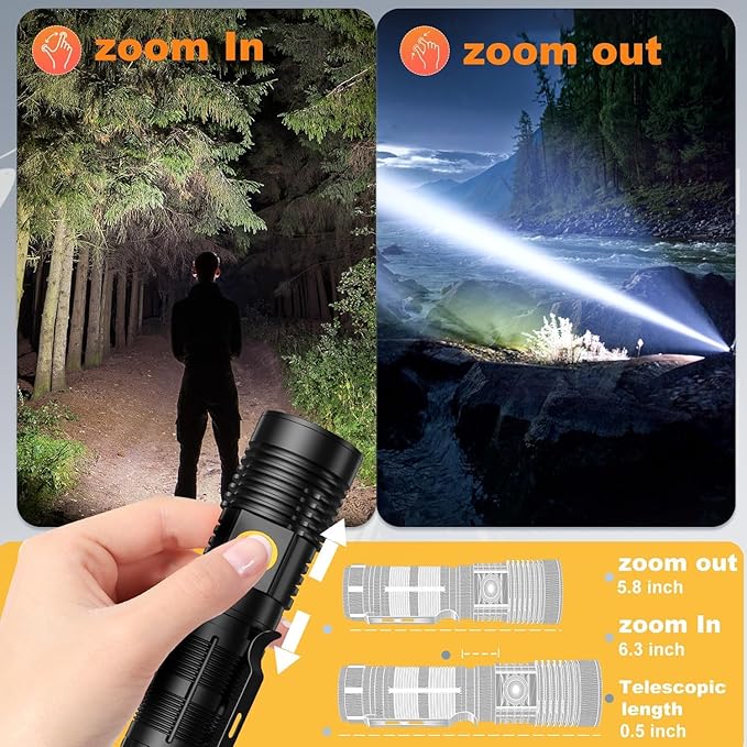 Hoxida Small Tactical Flashlights High Lumens - 1500 Meters Long Beam Super Bright LED Magnetic Flashlight USB Rechargeable Zoomable 5Modes Long Beam Spotlight Flashlight for Hiking, Camping, 1pcs