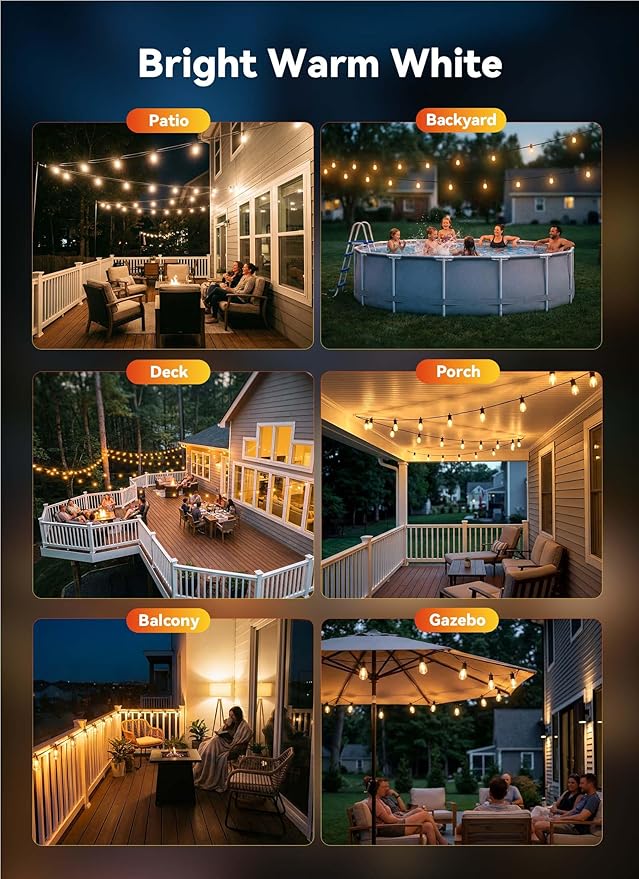 Minetom 164FT Outdoor String LED Patio Lights Waterproof,52 Shatterproof S14 Vintage Edison Bulbs,Commercial Grade Outside Hanging Lights Waterproof for Porch Deck Garden Backyard Balcony Cafe Bistro