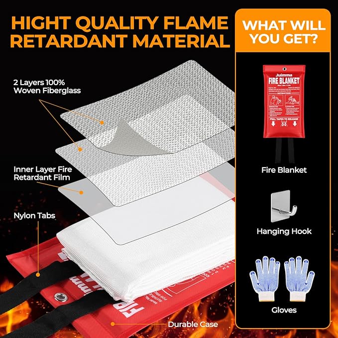Juimma Fire Blanket for Home and Kitchen - 40" x 40" Prepared Fire Blankets Emergency for Home, School, Camping, Office, Warehouse, with Gloves and Hooks, 6 Packs