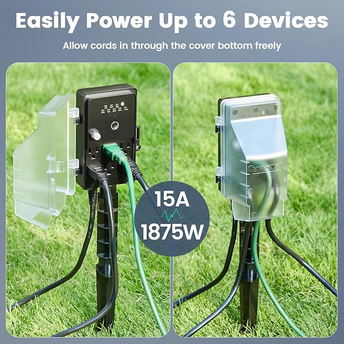 SURAIELEC Outdoor Power Stake, Dusk to Dawn Light Timer, 15FT Extension Cord Multiple Outlet, 6 Electrical Outlets Power Strip Weatherproof for Patio Light, Garden, Christmas Decoration, Outdoor Light