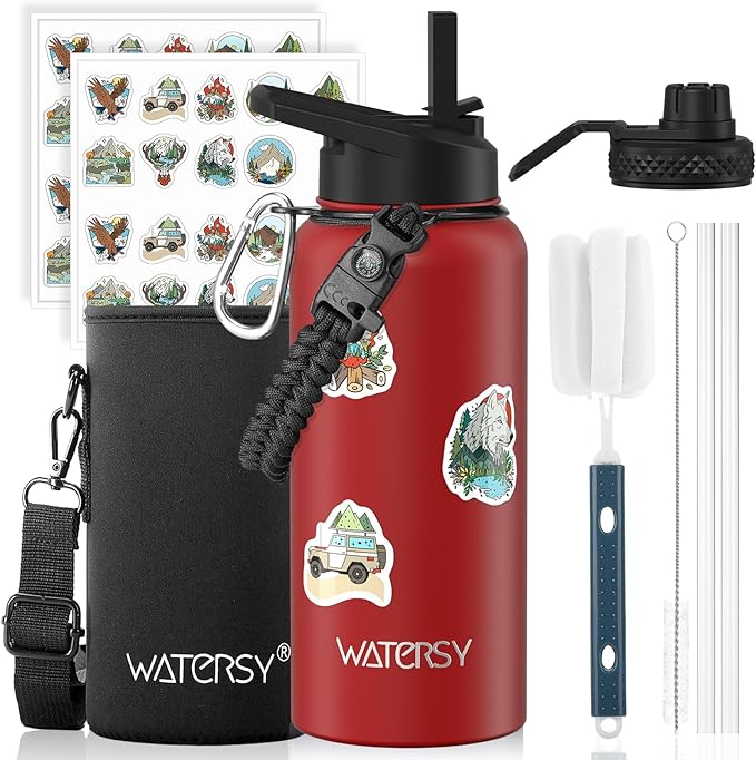 32oz Insulated Water Bottle (Cold for 48 Hrs),BPA Free&Leak Proof,Stainless Steel Water Flask,Water Jug with Straw Spout Lids for Gym,Hiking,Travel,Red