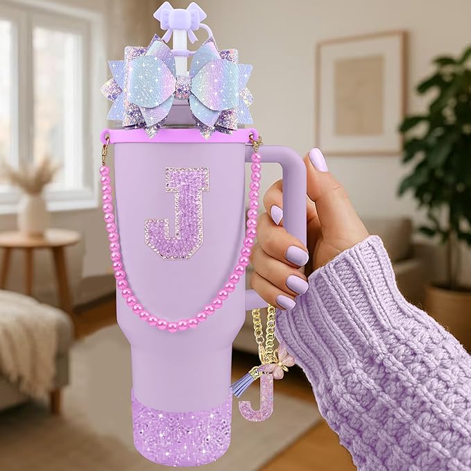 9PCS Purple for Stanley Cup Accessories Set Bling Initials Bow Charms for Stanley Decorations 30/40 Oz Tumbler Accessories Including Bow Straw Topper, Handle Strap, Spill Stopper（Letter J）