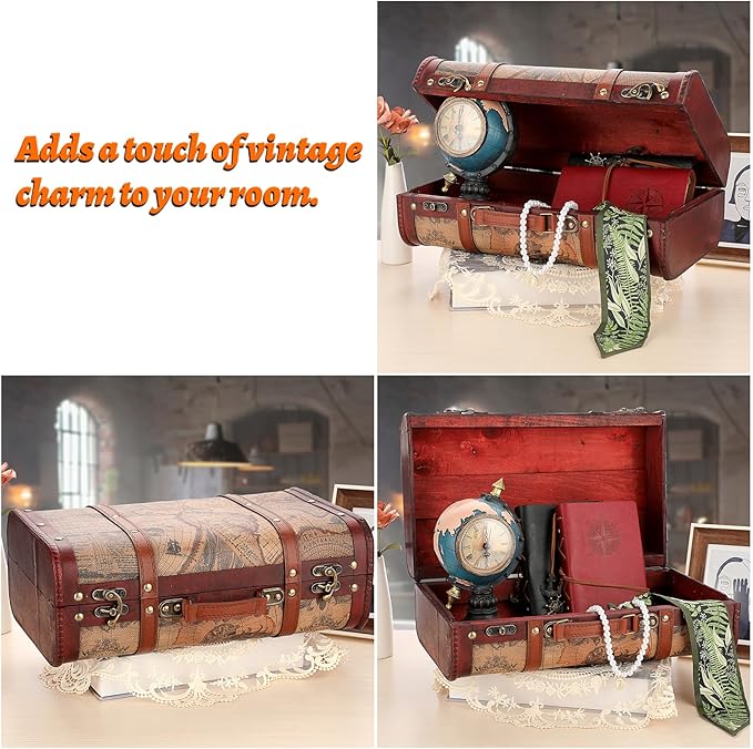 ELLDOO Vintage Wooden Storage Chest, Portable Decorative Luggage Suitcase, Treasure Chest Box with Map Pattern, Pirate Keepsakes Box for Gifts, Chest Storage Box for Decor Storage Travel