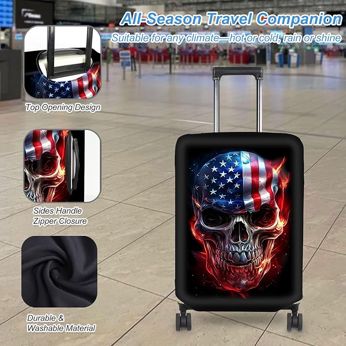 Luggage Cover Protector for 19-20 Inch Suitcases, TSA Approved Elastic Travel Suitcase Covers, Anti-Scratch Washable Luggage Sleeve for Carry On & Checked Bags, Skull American Flag