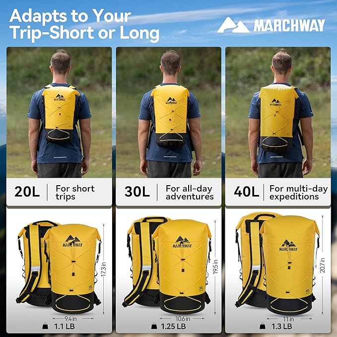 MARCHWAY Floating Roll Top Dry Bag, Flexible Lightweight TPU Waterproof Backpack 20L/30L/40L with Padded Straps for Boating, Kayaking, Swimming, Hiking, Beach (Yellow, 40L)