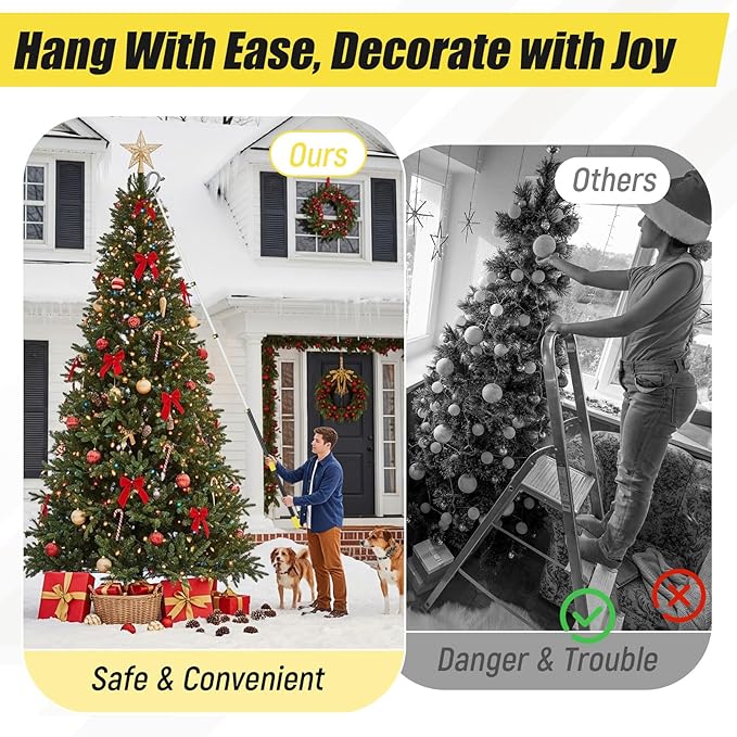 3.2-12 ft Telescopic Extension Pole with Utility Hook, Multi-Purpose Aluminum Pole for Painting, Dusting and New Year Window Cleaning Christmas Lights Installation Without a Ladder(Yellow)