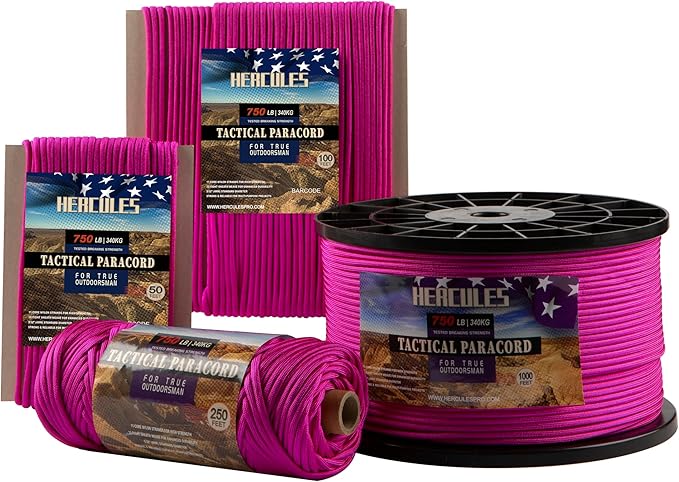 HERCULES 750lb Paracord 4mm 11 Strands Tactical Parachute Cord, 50' 100' 250' 1000' Utility Rope for Camping, Survival, Outdoor Gear (Rose Pink, 100FT)