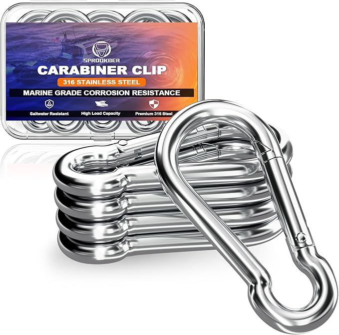 sprookber 316 Stainless Steel Carabiner Clip, Marine Grade Heavy Duty Spring Snap Hook for Outdoor, Boat, Hammock, Set of 5