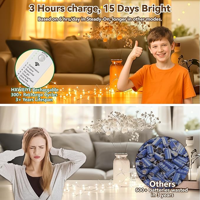 HXWEIYE Rechargeable Fairy Lights Battery Operated, DIY Timer & 8 Modes, 2 Pack 16FT 50LED Twinkle String Lights Indoor, Led mini Lights for Bedroom Wedding Dorm Christmas Tree Decor (Warm White)