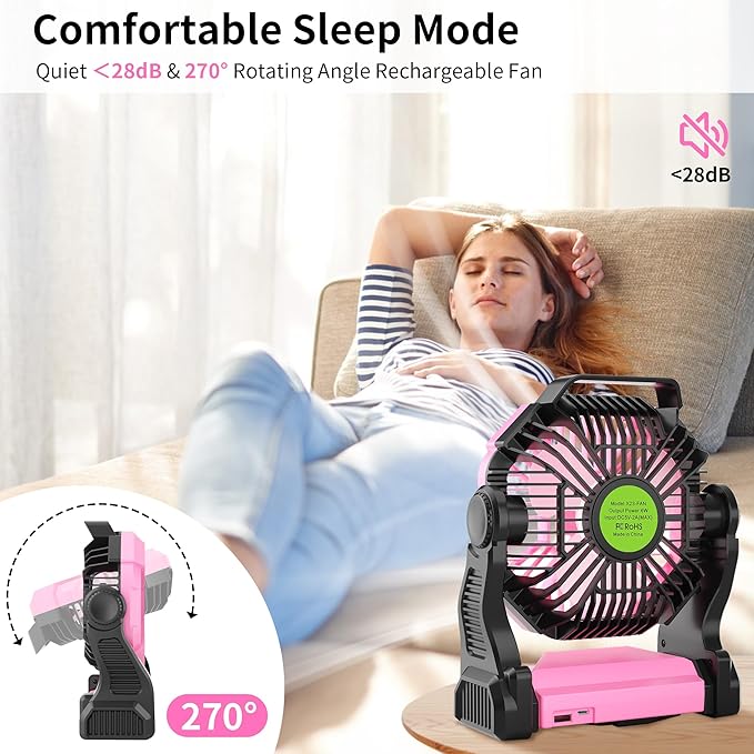 Portable Fan Rechargeable Camping Essentials, Cordless Camping Fan Battery Powered with Led Lights & 360°Hook, USB Battery Operated Fans for Women,4 Speeds Tent Portable for Traveling X23 Pink