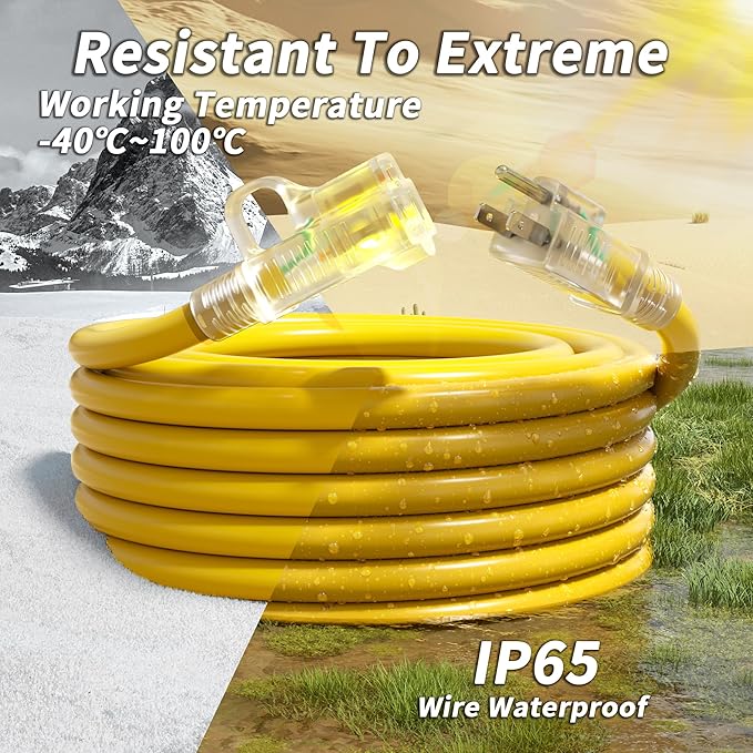 PlugSaf 14/3 Gauge Yellow Outdoor Extension Cord 100 ft Waterproof with Lighted Indicator, Cold Weatherproof -40°C, Flexible 3 Prong Extension Cord Outside,13A 1625W 14AWG SJTW, ETL Listed