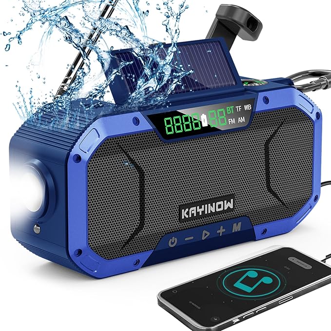 KAYINOW Emergency NOAA Weather Radio, Solar Hand Crank FM AM Radio with Bluetooth Speaker, 5000mAh/18500mWh Battery Powered, Flashlight, IPX5 Waterproof, SOS Alarm for Survival Hurricane Camping