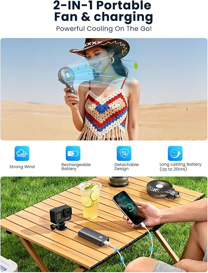 HandFan 5200mAh Portable Handheld Fan, Personal Hand Held Fan USB Rechargeable, 180° Foldable,3 Speeds Strong Airflow Cooling Fan for Travel/Outdoors/Beach/Concerts/Disney/Games/Picnics/Park (Black)