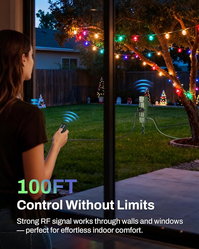 BN-LINK Outdoor Power Stake Timer, 100FT Wireless Remote Control, Dusk to Dawn Sensor for Outdoor Lights, 6 Grounded Outlets, 6ft Extension Cord, 1875W/15A,Christmas Decorations, ETL Listed