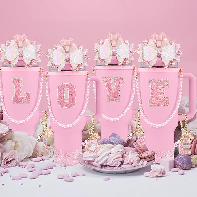 9PCS Pink for Stanley Cup Accessories Set Bling Initials Bow Charms for Stanley Decorations 30/40 Oz Tumbler Accessories Including Bow Straw Topper, Handle Strap, Spill Stopper（Letter A）
