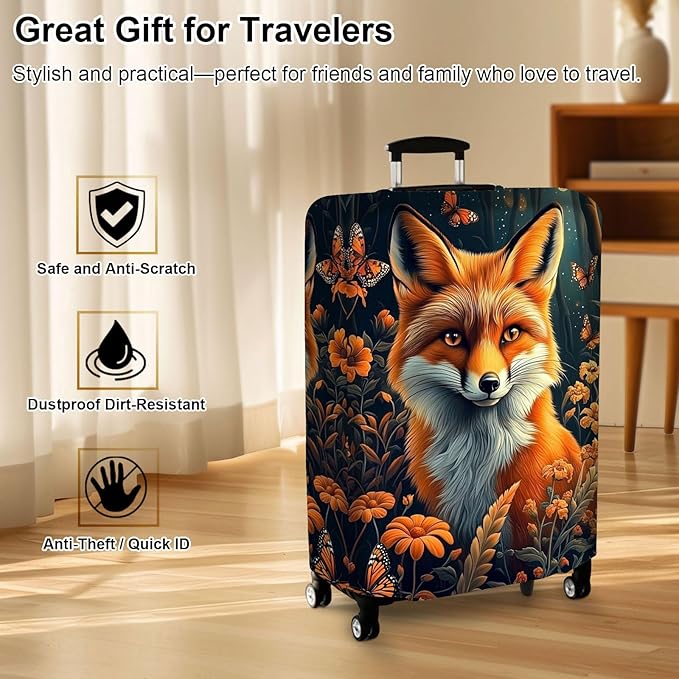 Luggage Cover Protector for 26-28 Inch Suitcases, TSA Approved Elastic Travel Suitcase Covers, Anti-Scratch Washable Luggage Sleeve for Carry On & Checked Bags, Fox Flowers