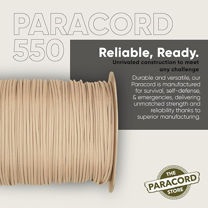 The Paracord Store | Type III 550 Paracord - 250 FT Spool, Tan 380 | Heavy Duty 7 Strand Tactical Paracord - USA Made Nylon Outdoor Parachute Cord for Camping, Fishing & More - Survival Cord