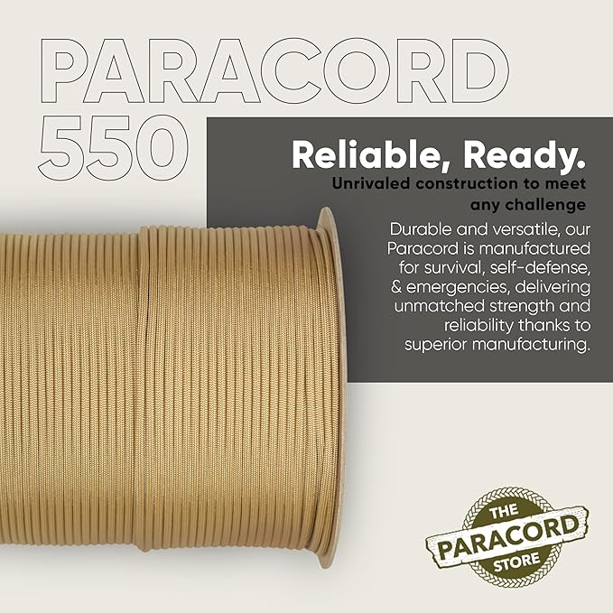 The Paracord Store | Type III 550 Paracord - 250 FT Spool, Gold | Heavy Duty 7 Strand Tactical Paracord - USA Made Nylon Outdoor Parachute Cord for Camping, Fishing & More - Survival Cord