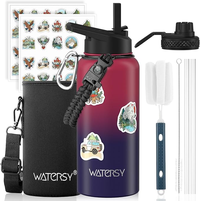 32oz Insulated Water Bottle (Cold for 48 Hrs),BPA Free&Leak Proof,Stainless Steel Water Flask,Water Jug with Straw Spout Lids for Gym,Hiking,Travel,Red Purple
