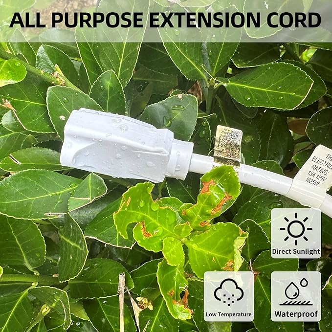 YOJOE Indoor Outdoor Extension Cord, 3 Prong 13A Weatherproof Power Cord, 16 Gauge Heavy Duty 15 ft White Extension Cord for Garage, Garden and Home, 16/3 SJTW UL Listed