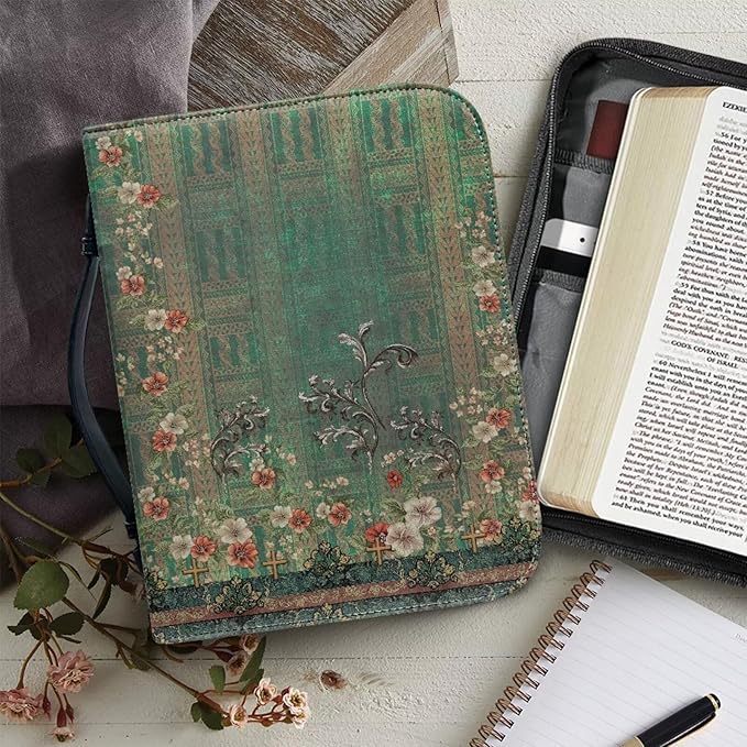Leather Bible Covers for Women Medium Size Bible Case for Grils Bible Bag Tote with Leather Bookmark,Vintage Boho Flowers