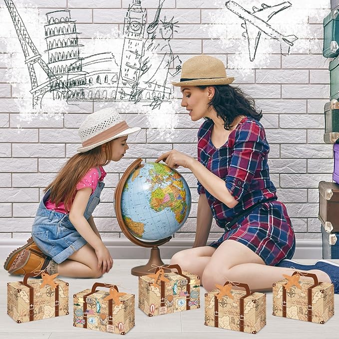 24Pcs Large Suitcase Party Favor Boxes Travel The Map Paper Treat Box with Tags Birthday Supplies Travel Theme Candy Goodie Gift Boxes for Birthday Shower Wedding Vintage Party Table Decoration