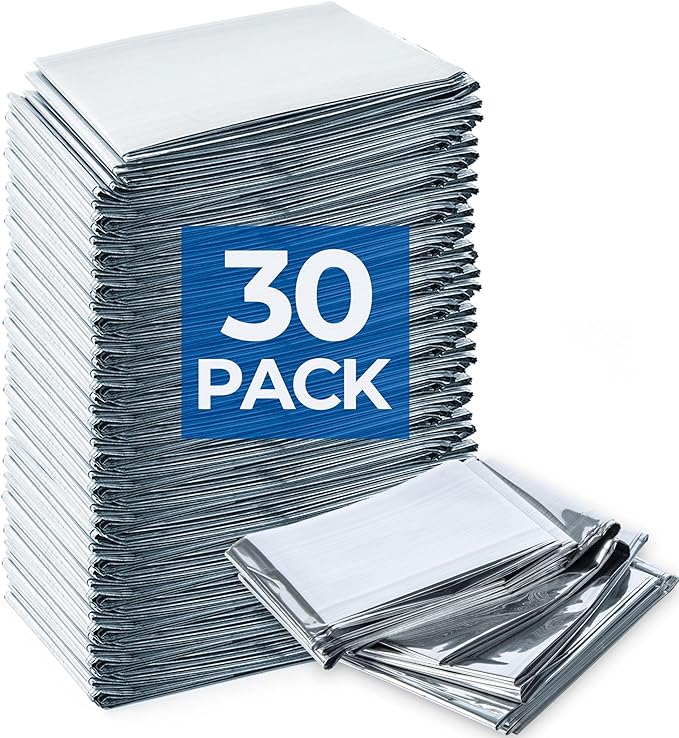 Emergency Blanket for Camping & Survival 30 Packs, 84" L x 52" W, Professional Grade Reusable Space Blanket, Provides Thermal Protection for Hunters, Hikers & Preppers in Snow and Cold Weather
