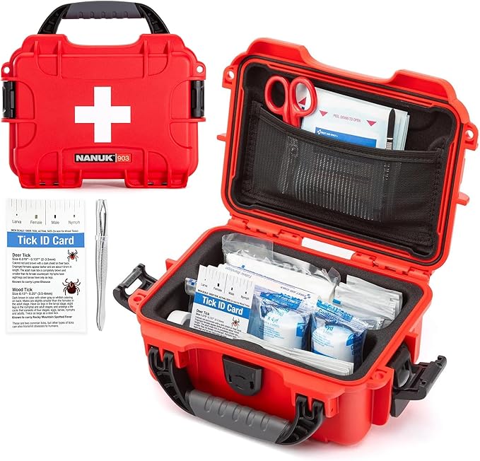 NANUK 903 - Small Waterproof First Aid Kit 78pcs – Pre-Stocked First Aid Emergency Kit with Bandages, Tick Removal Tool, and More – Dustproof, Impact-Resistant, Floats (7.4" x 4.9" x 3.1") – Red