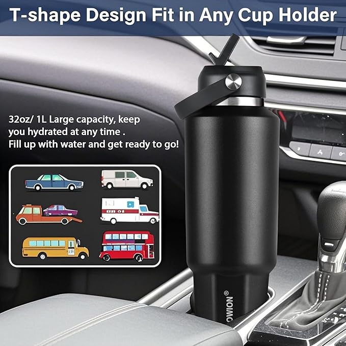 HYDROWION 40 oz Insulated Water Bottle, Car Water Bottle Holder - Double Wall Vacuum Insulated Travel Bottle with Straw Lid, Spout Lid and Flex Cap - Cold for 24H, Hot for 12H, Black