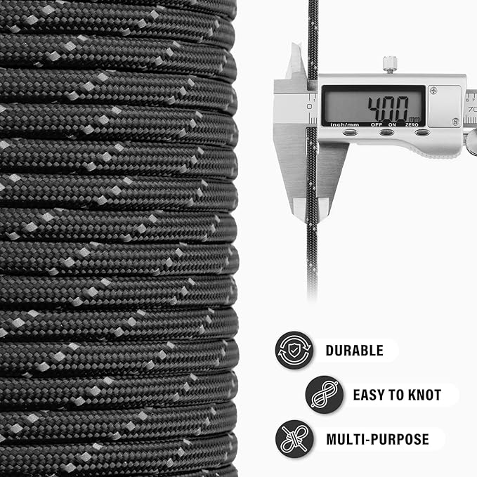 Reflective Paracord Rope 750 lb - 500ft 5/32" Parachute Cord 4MM 12-Strand para Cord - Heavy Duty Spool String for Survival,Camping Gear, Survival Bracelet, Clothesline - Black