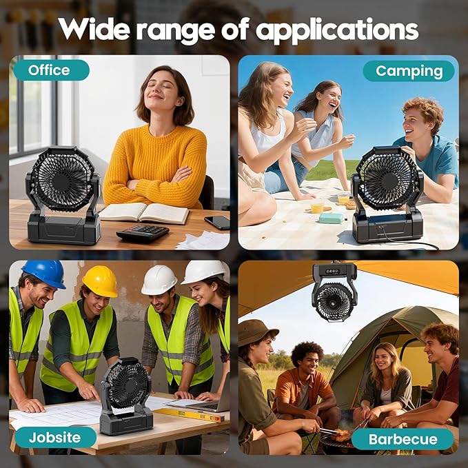 XZK Camping Fan, 20000mAh Rechargeable Battery Powered Fan with LED Lantern, Cordless Portable Tent Fan with Hanging Hook, 4 Speeds 2 Brightness Levels for Home Desk Outdoor - Dark Black