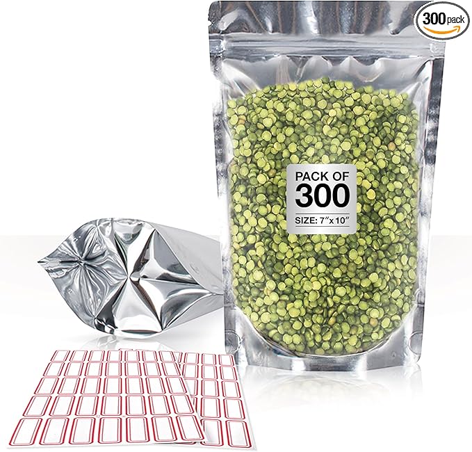 BELLE KR® 7x10 Quart Mylar Bags for Food Storage - Pack Of 300-7.5mil Thick - Gusseted Bottom - Clear Mylar Bags with See Through Window for Freeze Drying food - Labels Included