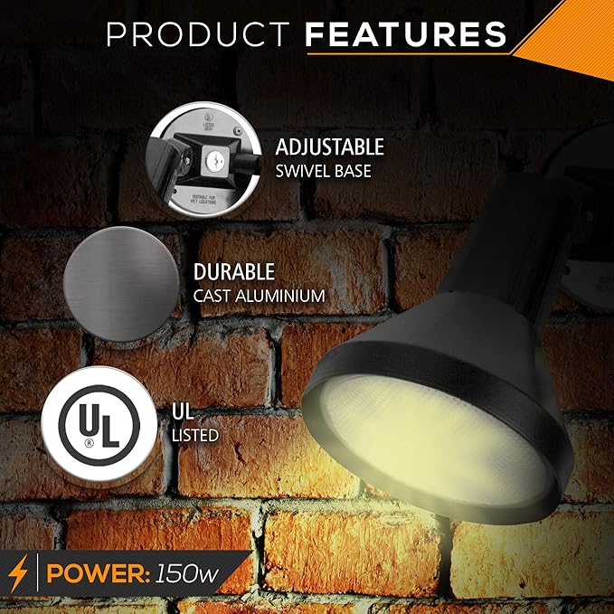 Ciata 15" Outdoor Security Flood Light 2 Head with Heavy Duty Cast Aluminum Body 150W PAR38 Weather Proof Grey Finish
