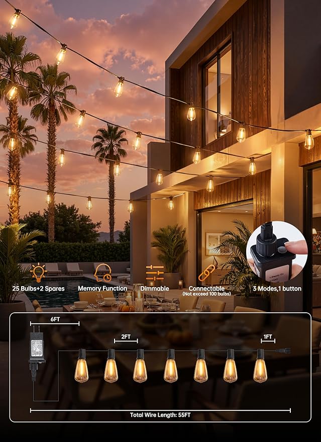 Minetom 55FT Outdoor String Lights with Remote, 25+2 Shatterproof ST38 LED Bulbs, Waterproof Patio Lights with 3 Modes, Dimmable & Connectable 2700K Hanging Lights for Backyard Porch Deck Balcony