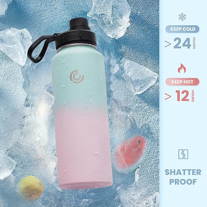 Sports Water Bottle 40oz, Insulated Water Bottle with Handle,Stainless Steel,Simple Modern,Suitable for Travel, School, Boy, Girl(Bubble Gum)