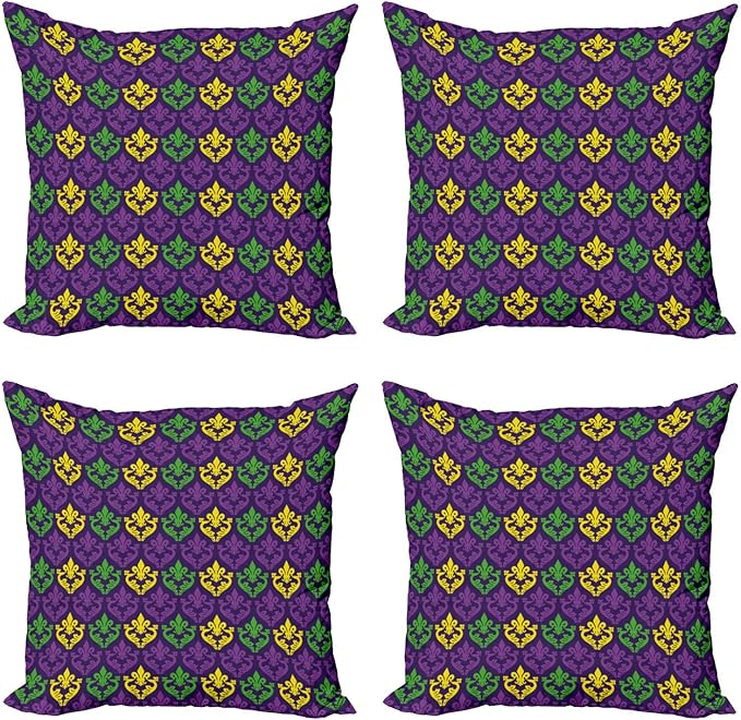 Ambesonne Mardi Gras Decorative Throw Pillow Case Pack of 4, Antique Old Fashioned Motifs in Mardi Gras Holiday Colors Tile Pattern, Cushion Cover for Couch Living Room Car, 16", Yellow Purple