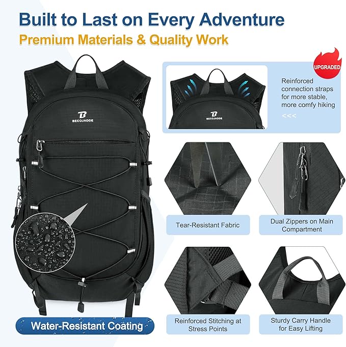 BECOJADDE Hiking Backpack 15L Small Backpack Packable Day pack Water Resistant Lightweight Travel Backpack for Women Men with Shoulder Strap Pockets for Hiking Camping Outdoor, Black